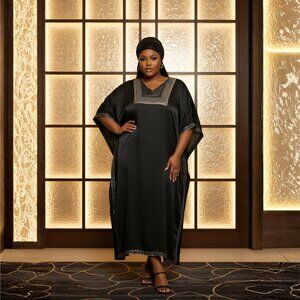Gypsie Blu Satin Sequences Black Kaftan Dress Women Plus Size Dresses for Party